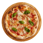 Una pizza Margherita con basilico fresco.